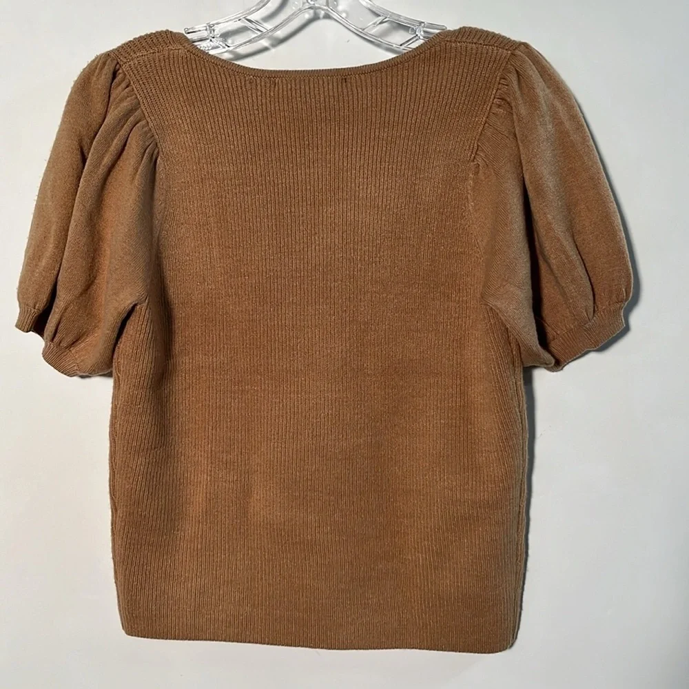 FRENCH CONNECTION NWT Milkmaid Boho Puff SLV SQ. Neck Mix Knit Camel Sweater L